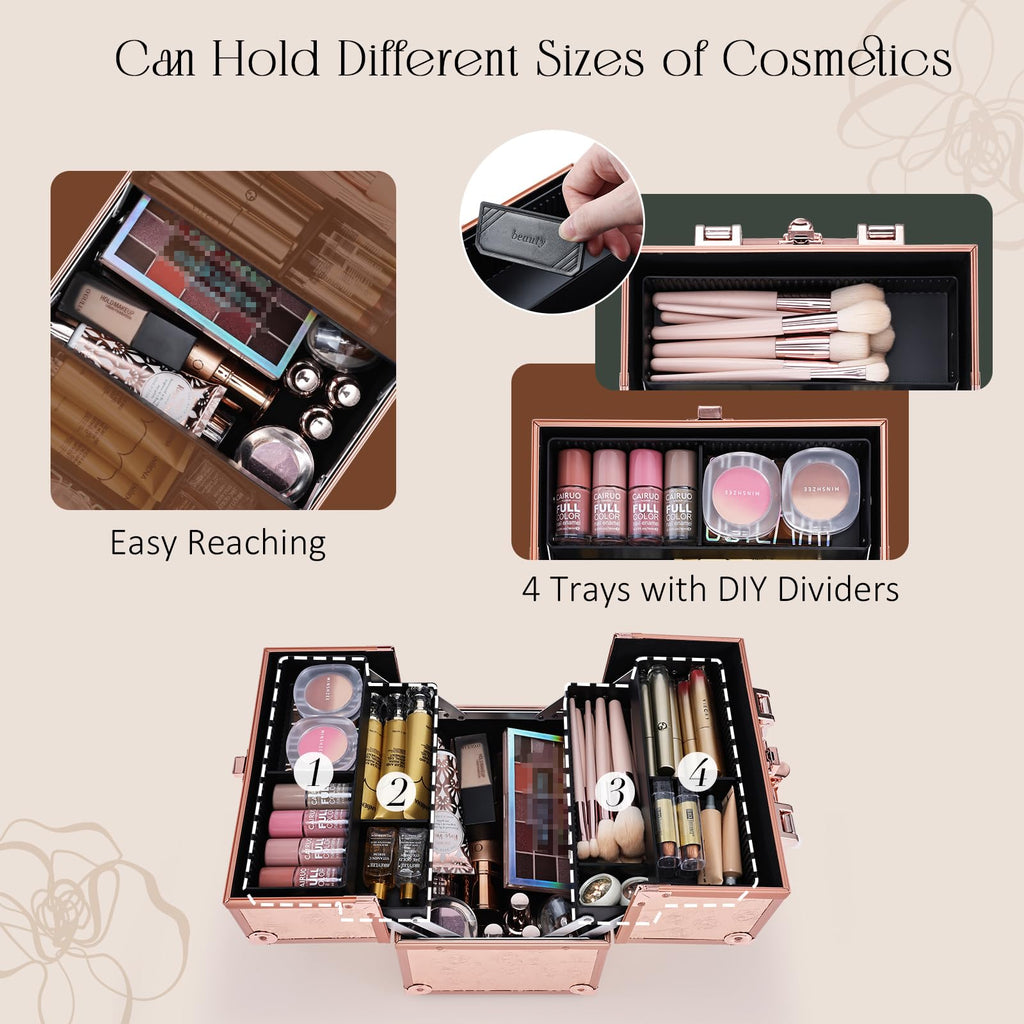 FRENESSA Rose Gold Floral Makeup Train Case – 4-Tier Portable Organizer with Lock