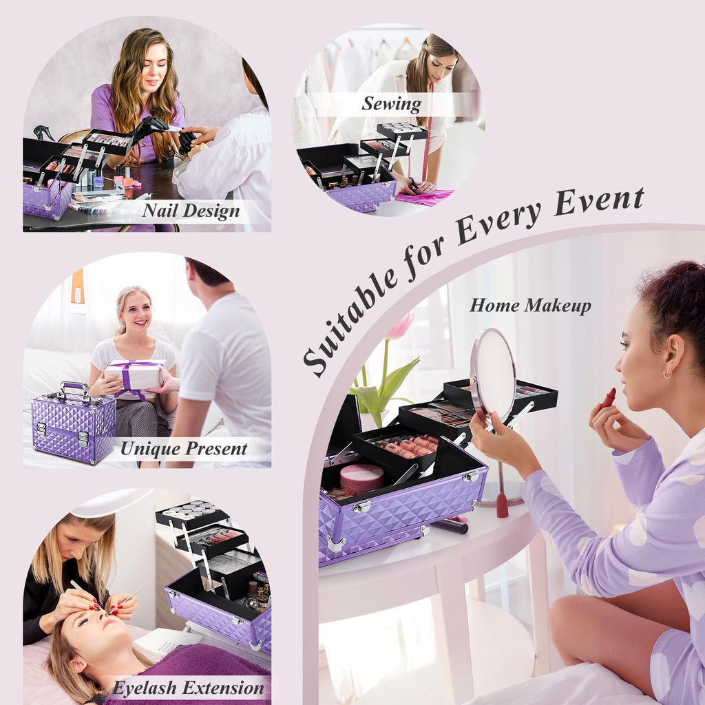 FRENESSA Makeup Train Case 12-Inch | Portable 6-Tier Cosmetic Organizer with Lockable Keys, Purple