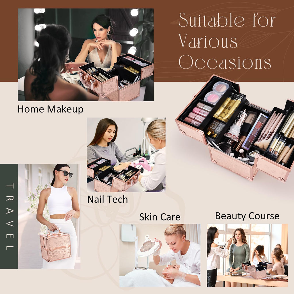 FRENESSA Rose Gold Floral Makeup Train Case – 4-Tier Portable Organizer with Lock