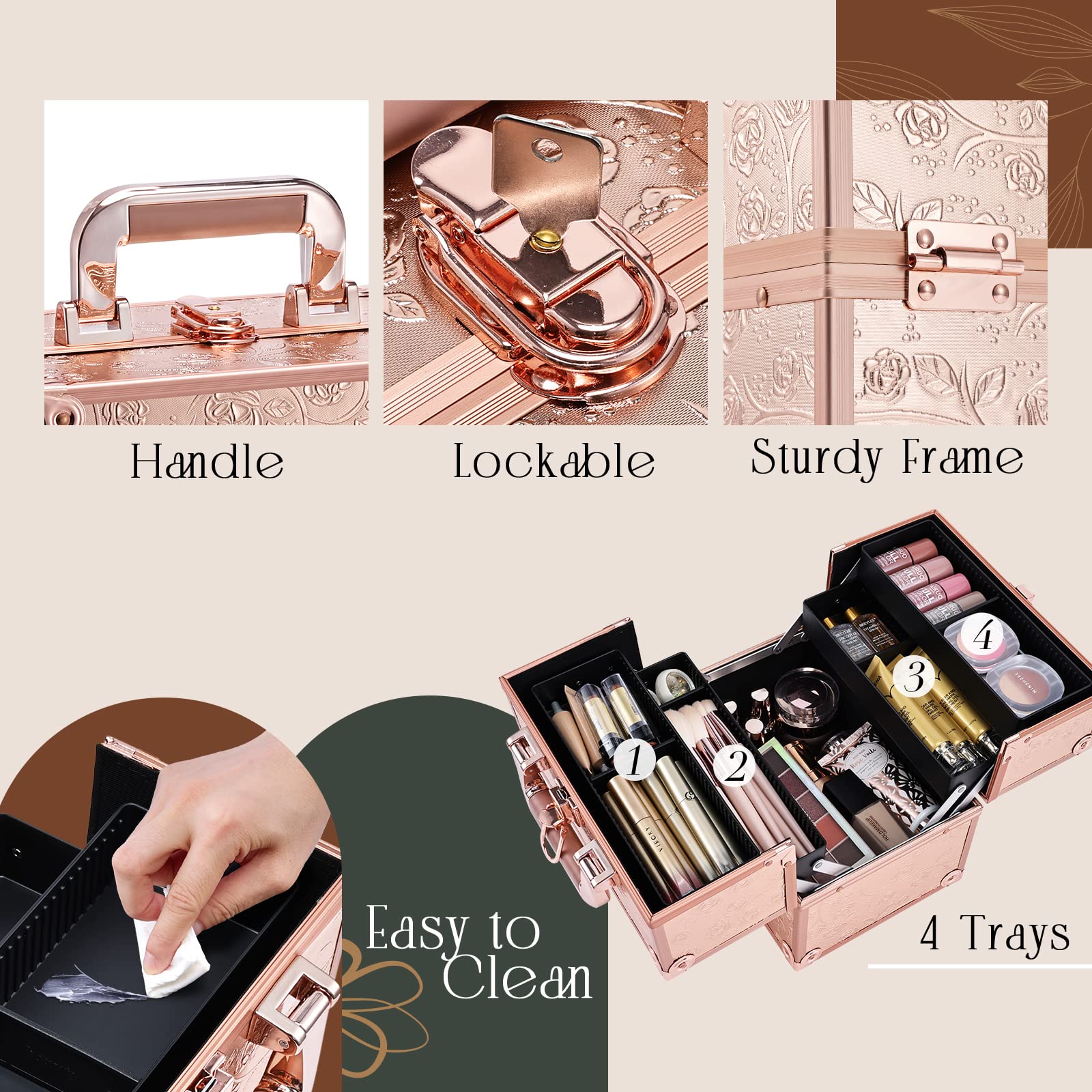 FRENESSA Rose Gold Floral Makeup Train Case – 4-Tier Portable Organizer with Lock