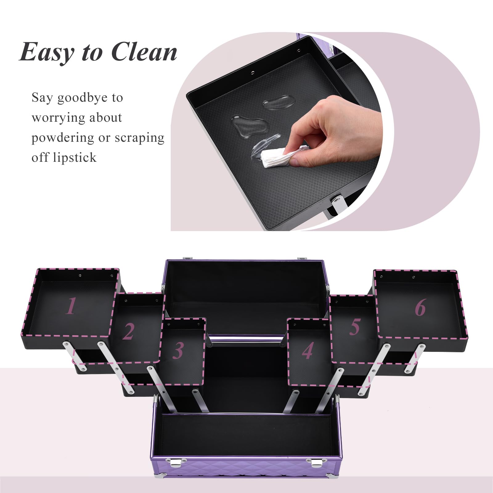 FRENESSA Makeup Train Case 12-Inch | Portable 6-Tier Cosmetic Organizer with Lockable Keys, Purple