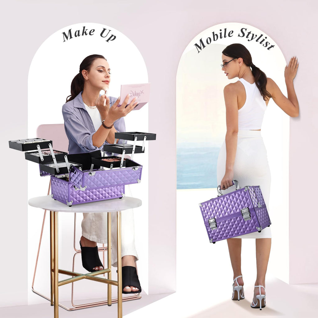 FRENESSA Makeup Train Case 12-Inch | Portable 6-Tier Cosmetic Organizer with Lockable Keys, Purple