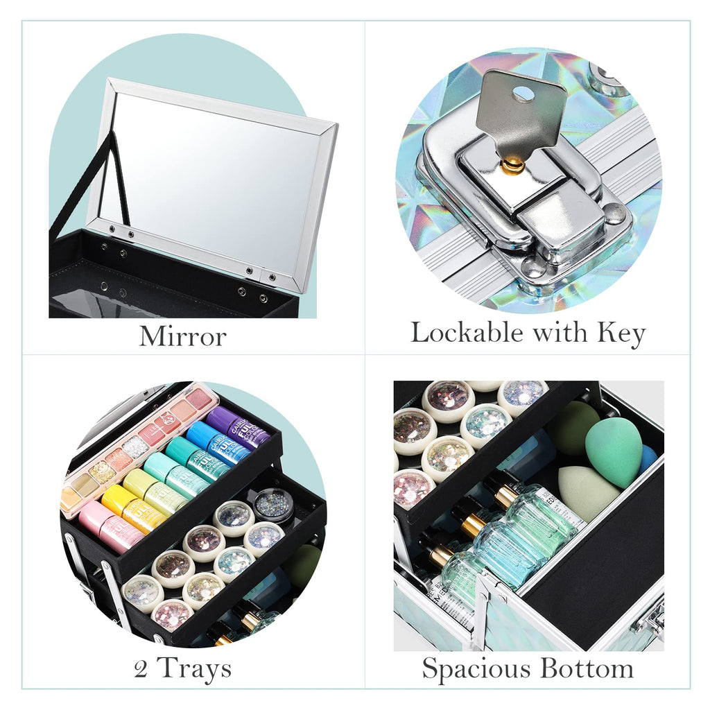 FRENESSA Makeup Case - Portable Locking Travel Cosmetic Box with Mirror, Blue