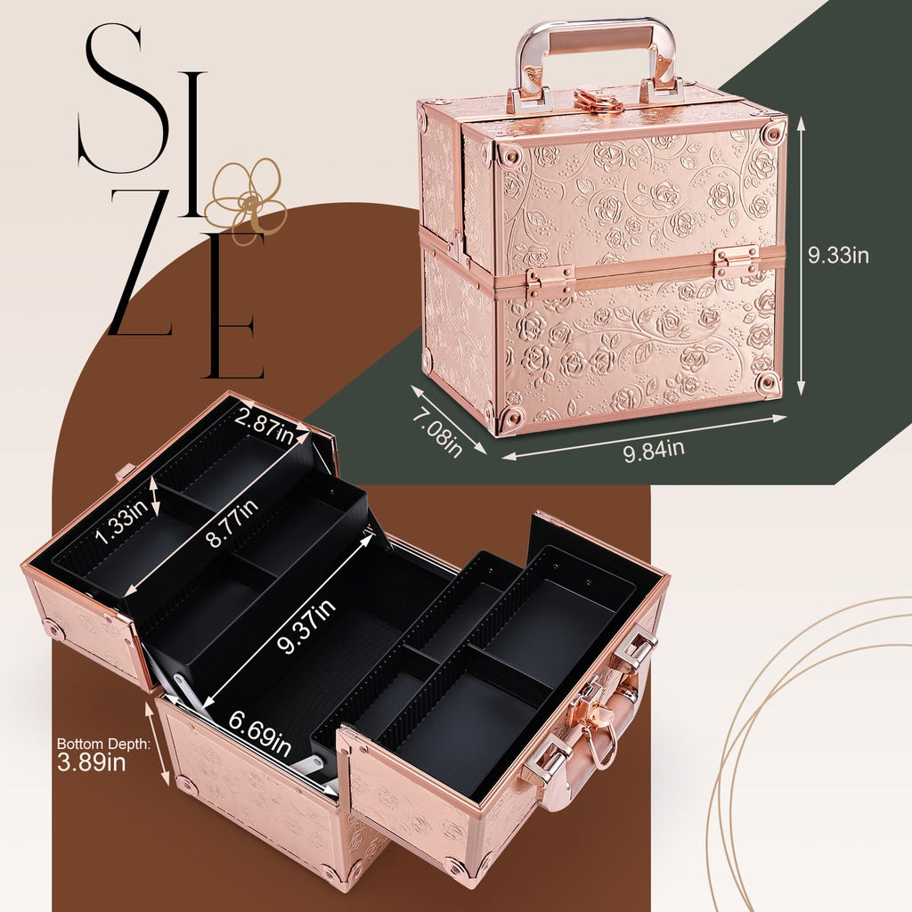 FRENESSA Rose Gold Floral Makeup Train Case – 4-Tier Portable Organizer with Lock