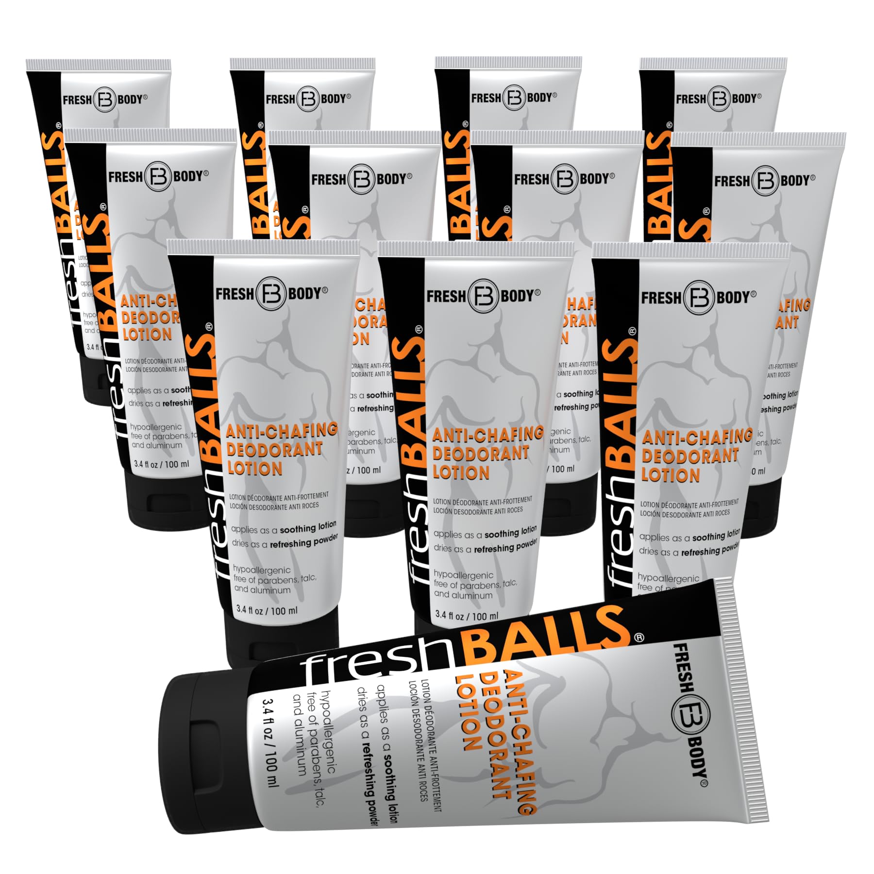 Fresh BALLS Lotion – Men's Anti-Chafing Cream to Powder (3.4 oz) Pack of 12 | Fresh Body FB