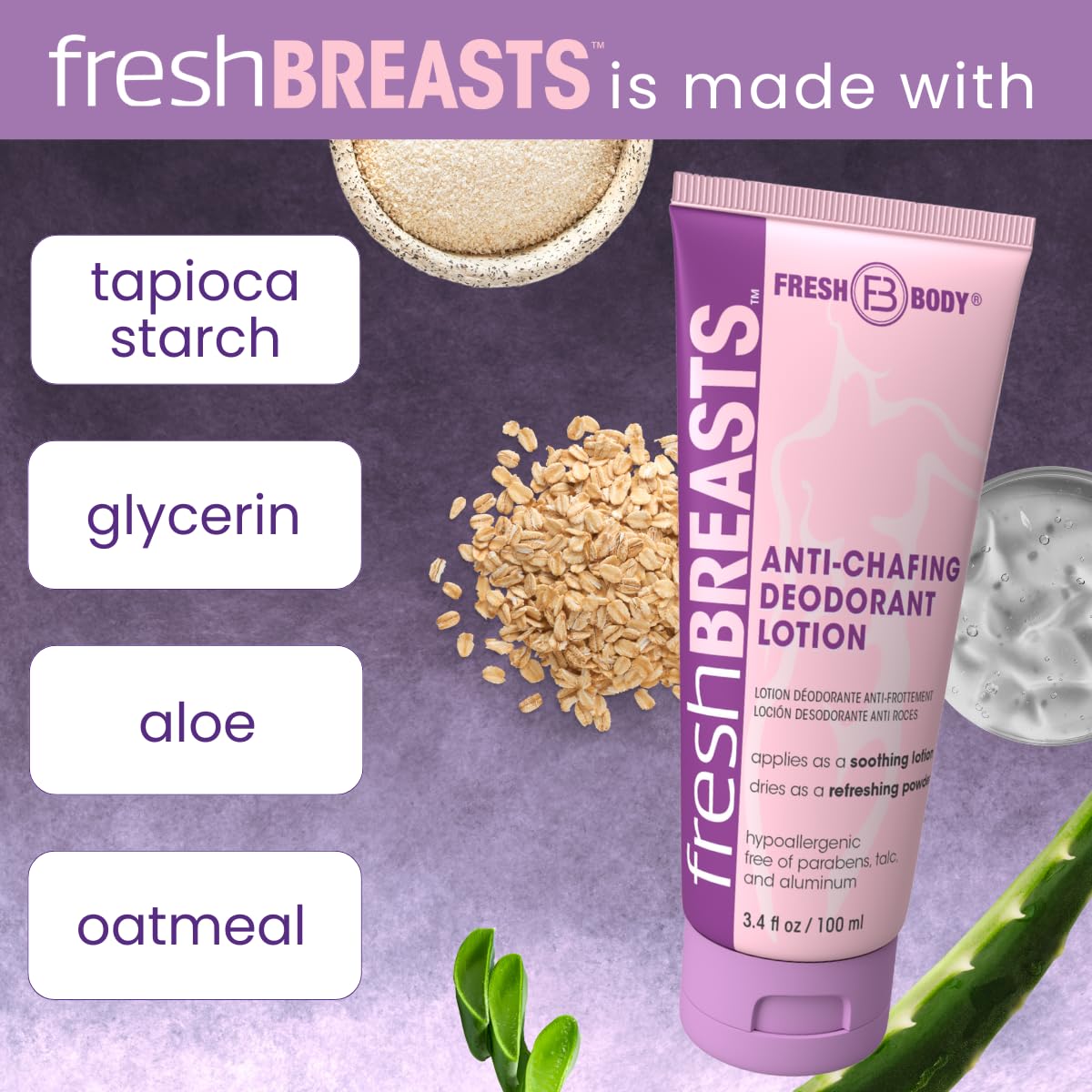 Fresh Breasts Anti-Chafing Cream Deodorant Lotion – 3.4 fl oz (4 Pack) | No Talc, Aluminum or Fragrance | Fresh Body FB