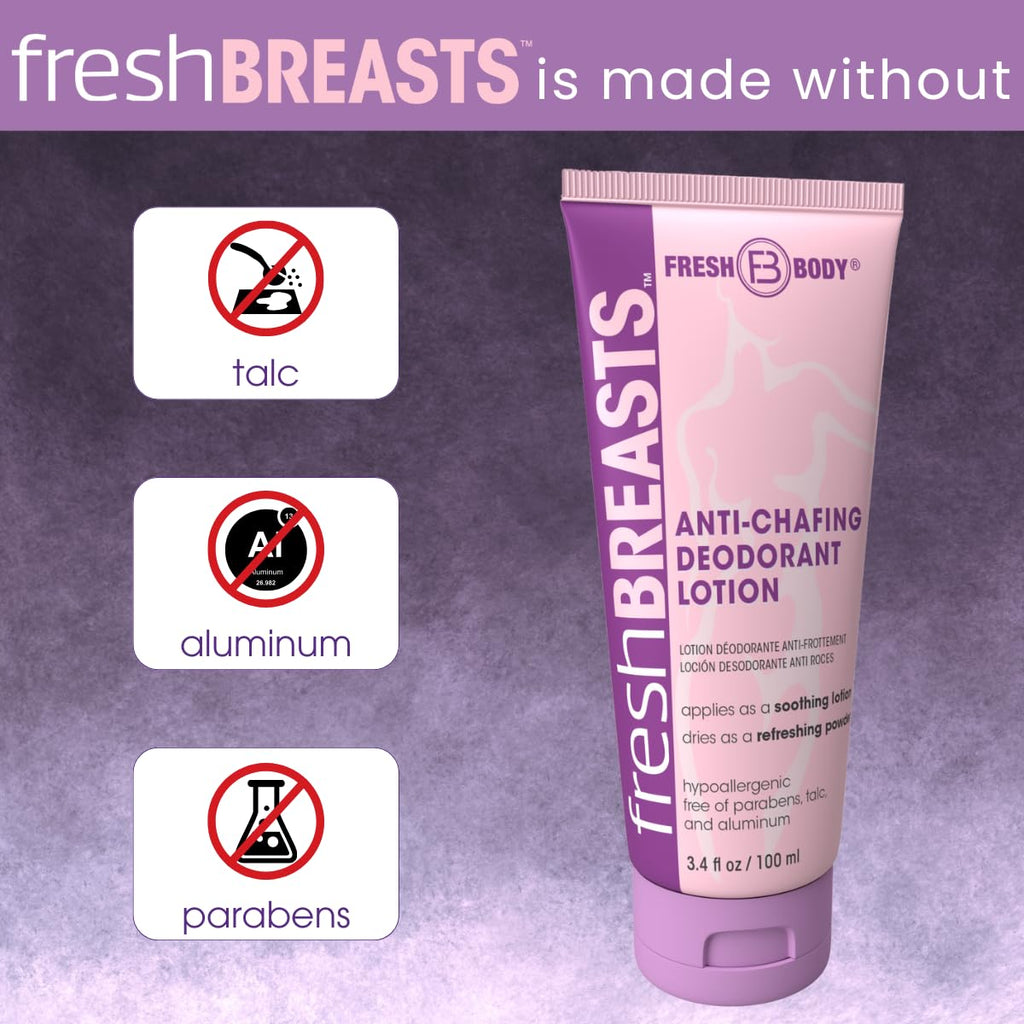 Fresh Breasts Anti Chafing Deodorant Lotion to Powder – 3.4 fl oz x3, No Talc/Aluminum/Fragrance