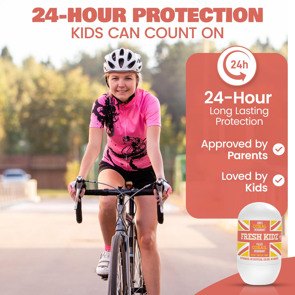 Fresh Kidz Roll On Deodorant – Coral, Aluminum- and Baking Soda-Free for Kids & Teens (3 Pack, 1.86 fl oz) - 24 Hour Protection