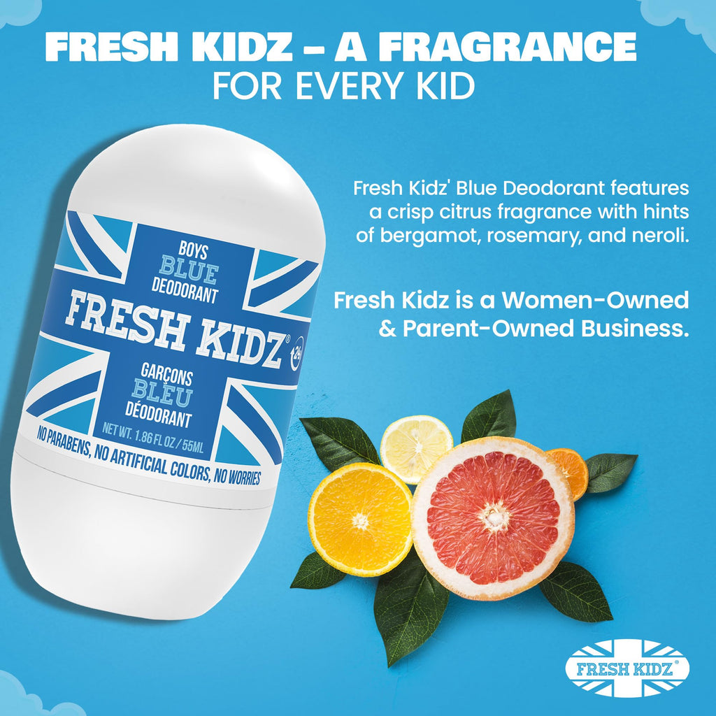 Fresh Kidz Roll-On Deodorant for Kids & Teens – Aluminum- & Baking Soda-Free, 1.86 fl oz, Blue (3-Pack)