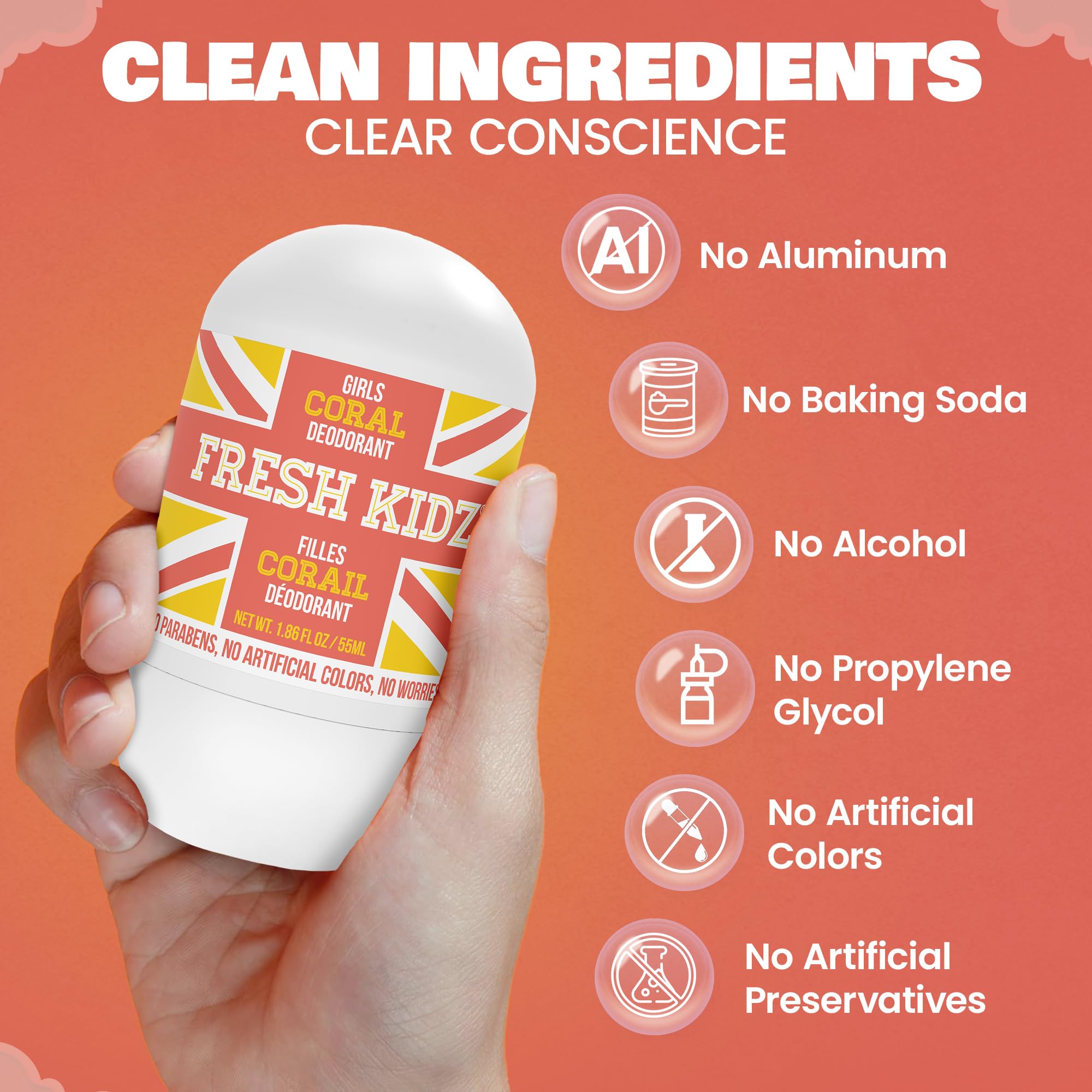 Fresh Kidz Roll On Deodorant – Coral, Aluminum- and Baking Soda-Free for Kids & Teens (3 Pack, 1.86 fl oz) - 24 Hour Protection