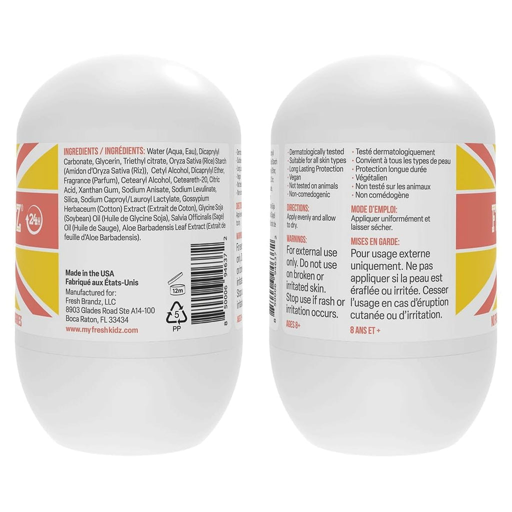 Fresh Kidz Roll On Deodorant – Coral, Aluminum- and Baking Soda-Free for Kids & Teens (3 Pack, 1.86 fl oz) - 24 Hour Protection