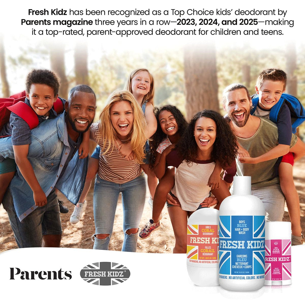Fresh Kidz Roll On Deodorant – Coral, Aluminum- and Baking Soda-Free for Kids & Teens (3 Pack, 1.86 fl oz) - 24 Hour Protection