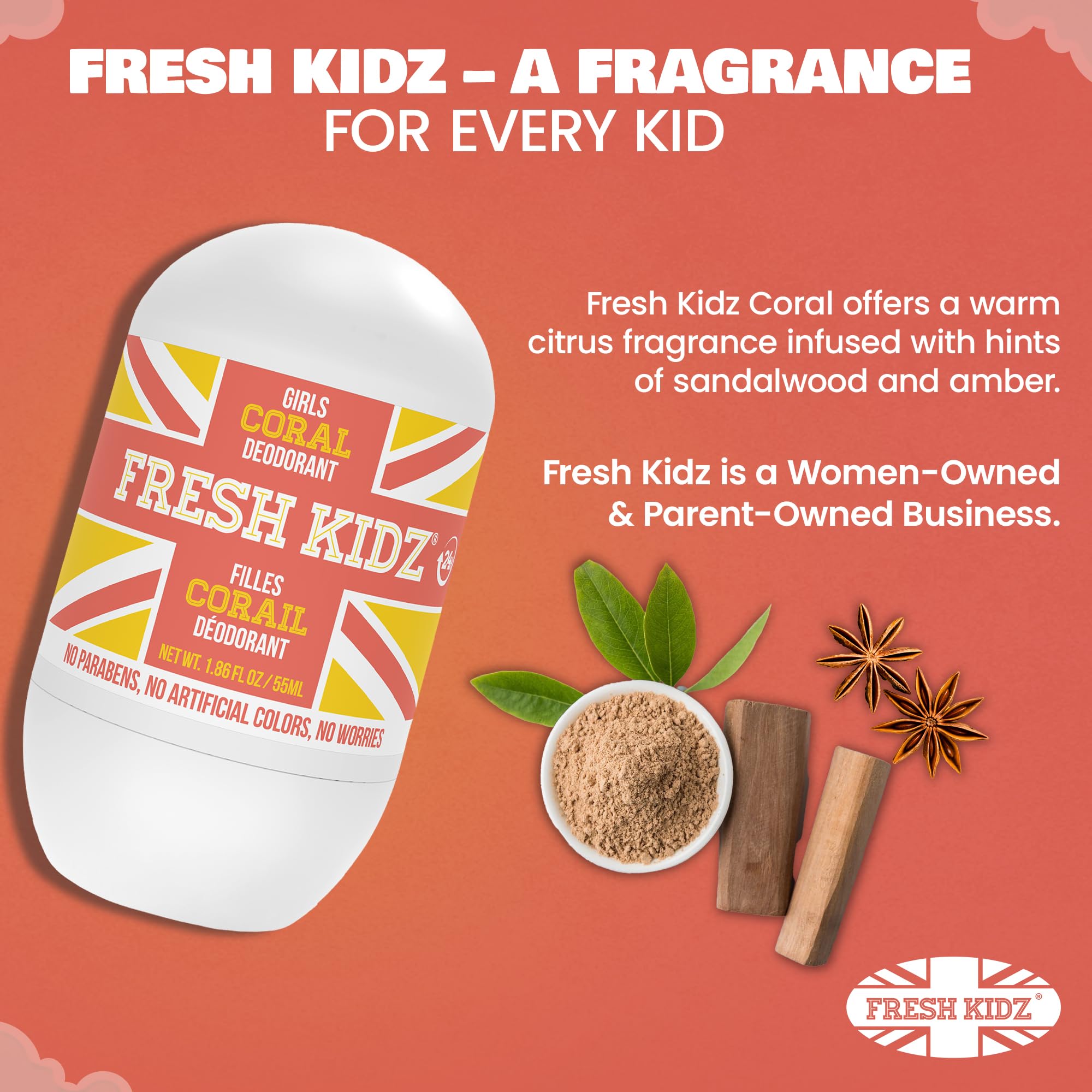 Fresh Kidz Roll On Deodorant – Coral, Aluminum- and Baking Soda-Free for Kids & Teens (3 Pack, 1.86 fl oz) - 24 Hour Protection
