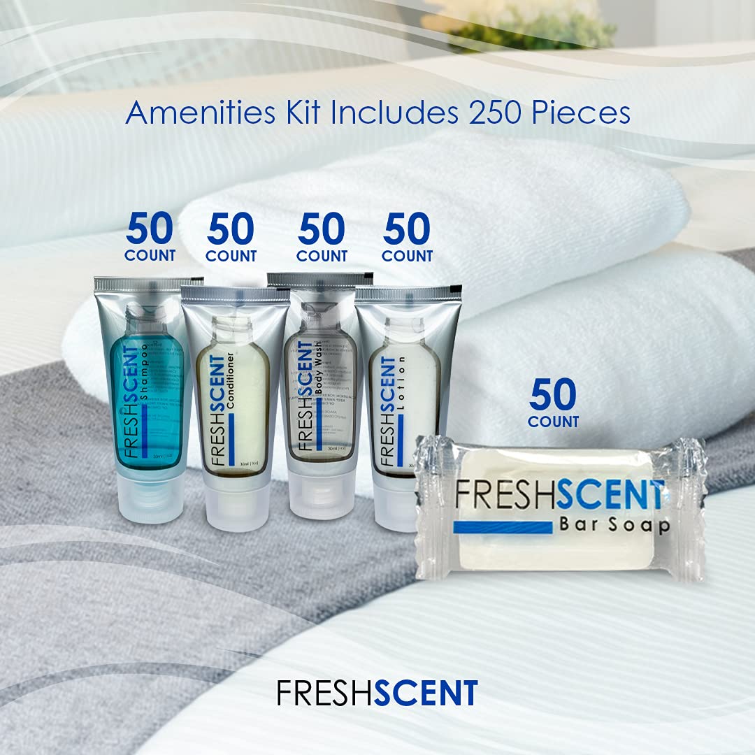 Freshscent Hotel Collection 250-Piece Bulk Toiletries Kit — 1oz Tubes & Soap Bars