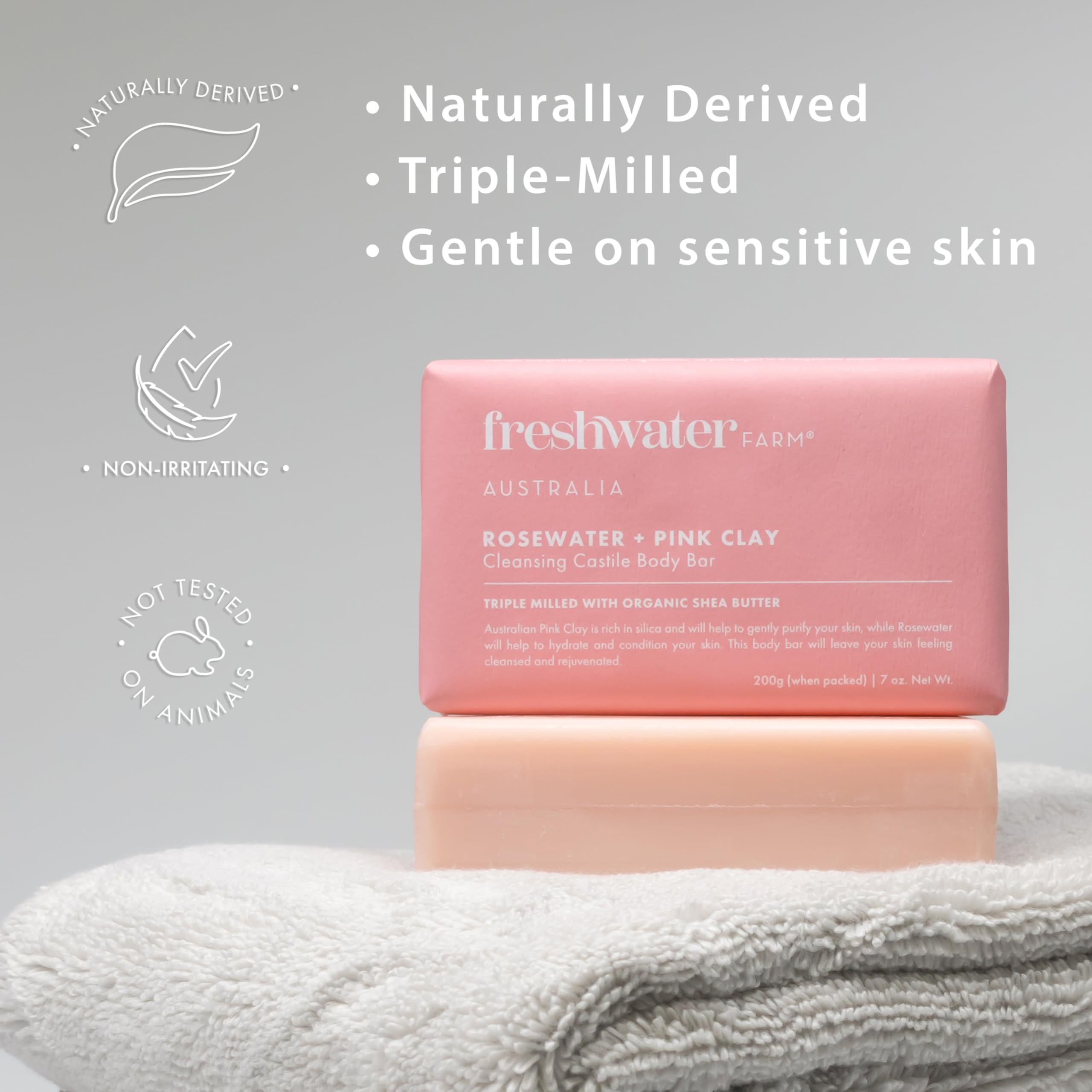 Freshwater Farm Australia Castile Bar Soap – Rosewater + Pink Clay | Triple-Milled, Australian Made