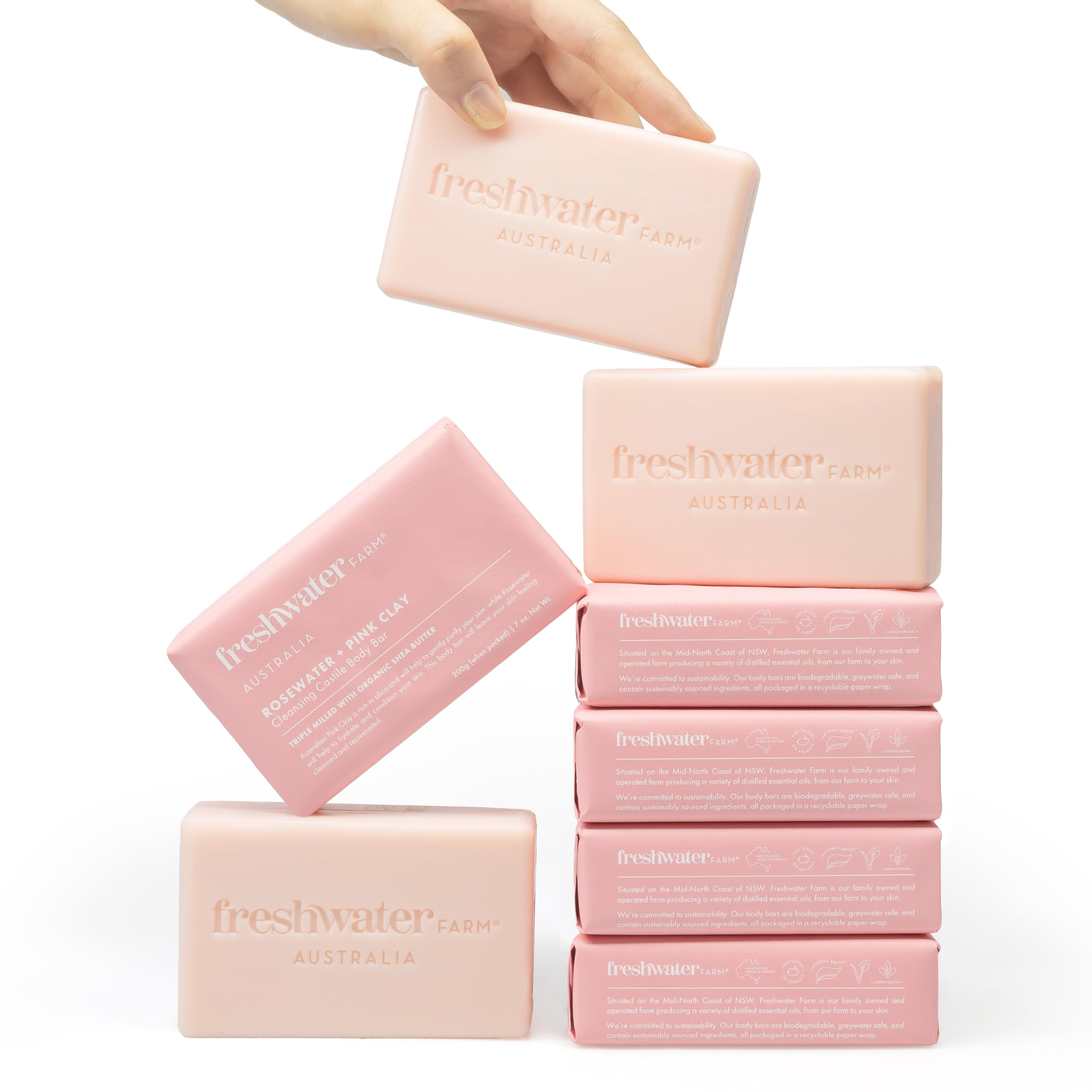 Freshwater Farm Australia Castile Bar Soap – Rosewater + Pink Clay | Triple-Milled, Australian Made