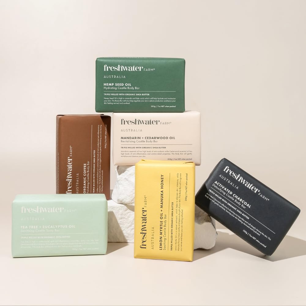 Freshwater Farm Australia Tea Tree + Eucalyptus Soap Bar (7oz x 8 Pack) – Natural Castile Soap for Sensitive Skin