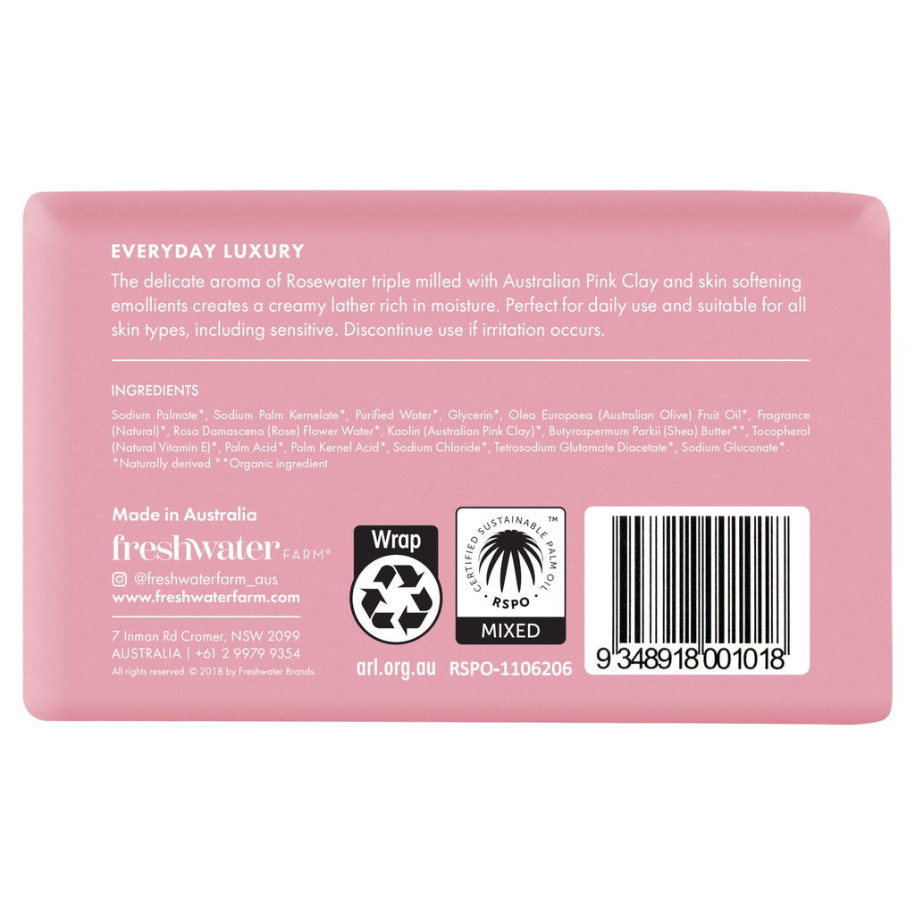 Freshwater Farm Australia Castile Bar Soap – Rosewater + Pink Clay | Triple-Milled, Australian Made