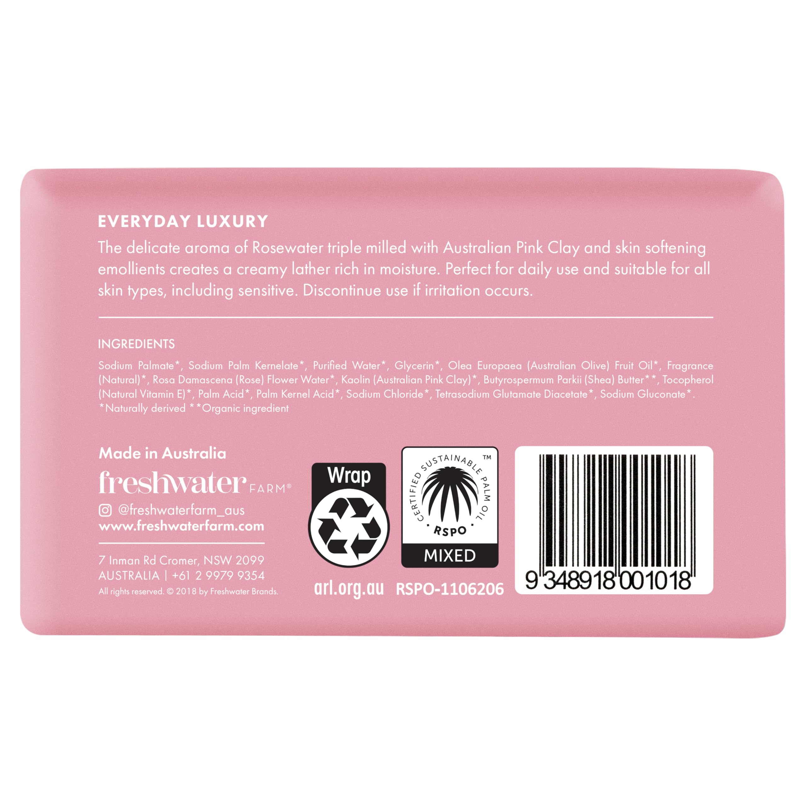 Freshwater Farm Australia Castile Bar Soap – Rosewater + Pink Clay | Triple-Milled, Australian Made