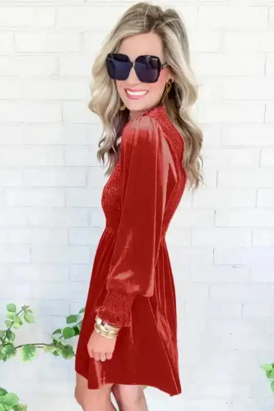 Frilled Neck Smocked Bodice Velvet Mini Dress Women UK | Rose Red