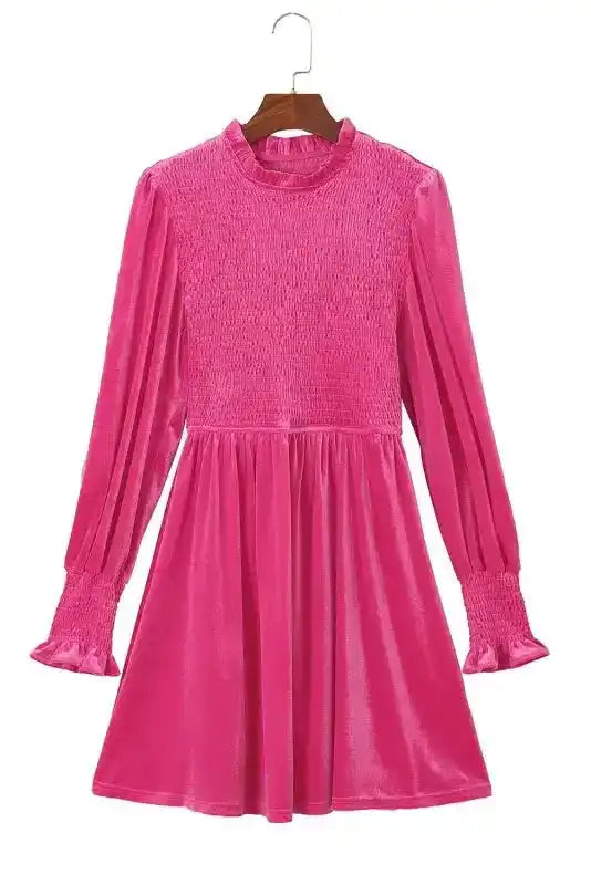 Frilled Neck Smocked Bodice Velvet Mini Dress Women UK | Rose Red