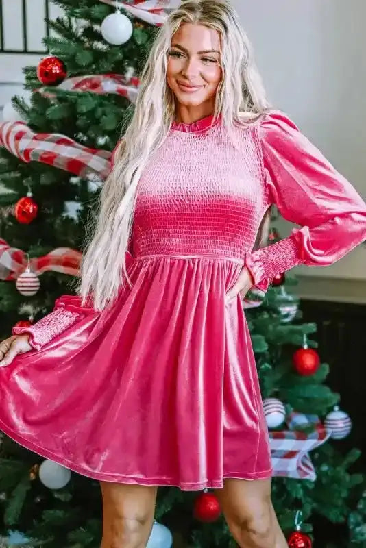 Frilled Neck Smocked Bodice Velvet Mini Dress Women UK | Rose Red