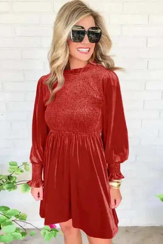 Frilled Neck Smocked Bodice Velvet Mini Dress Women UK | Rose Red