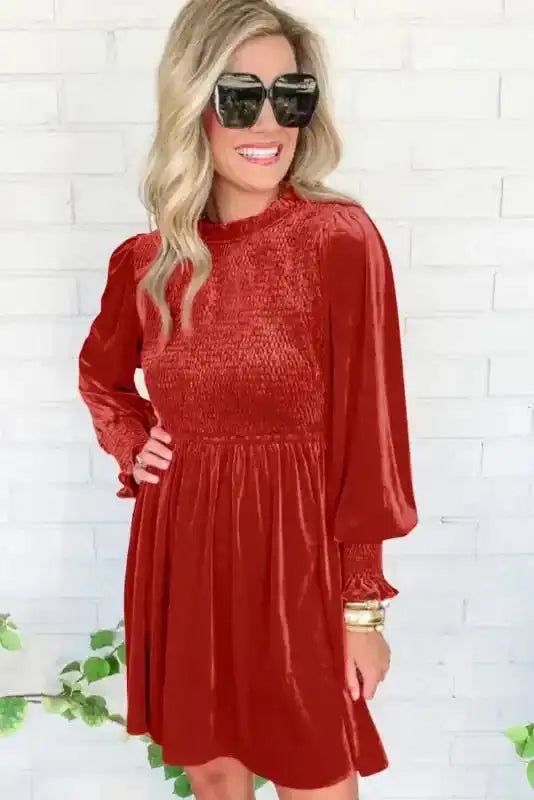 Frilled Neck Smocked Bodice Velvet Mini Dress Women UK | Rose Red