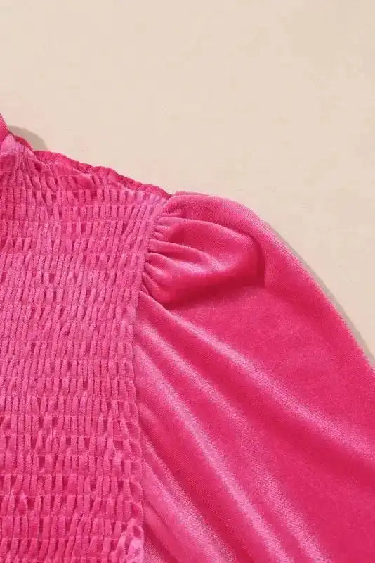 Frilled Neck Smocked Bodice Velvet Mini Dress Women UK | Rose Red