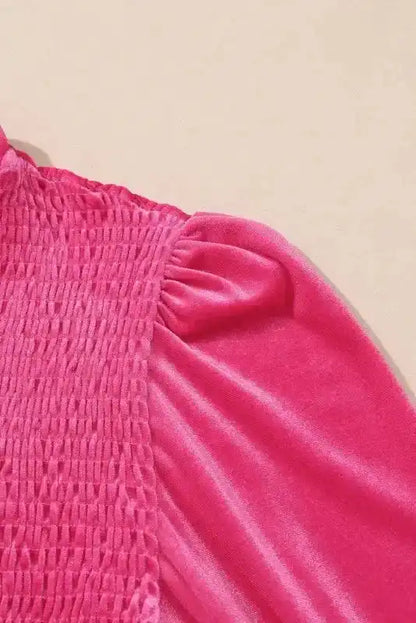 Frilled Neck Smocked Bodice Velvet Mini Dress Women UK | Rose Red