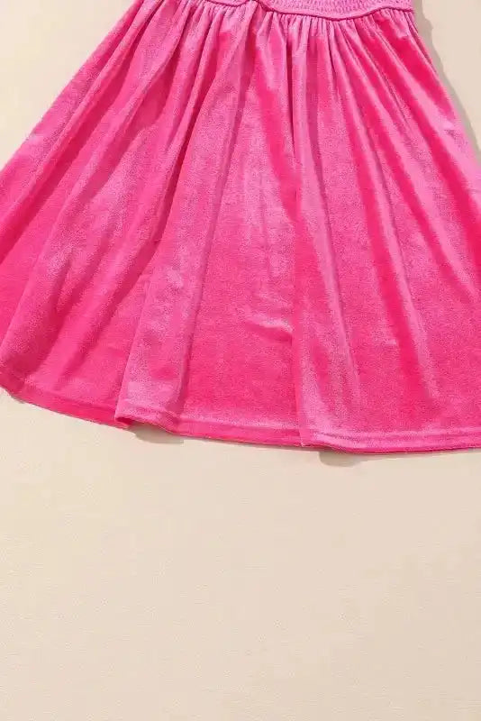 Frilled Neck Smocked Bodice Velvet Mini Dress Women UK | Rose Red
