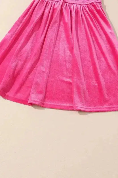 Frilled Neck Smocked Bodice Velvet Mini Dress Women UK | Rose Red