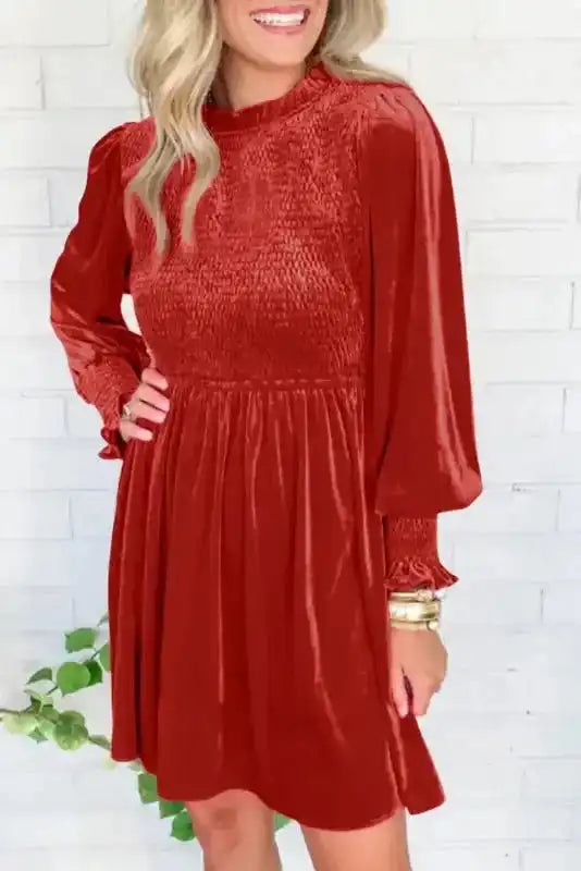 Frilled Neck Smocked Bodice Velvet Mini Dress Women UK | Rose Red