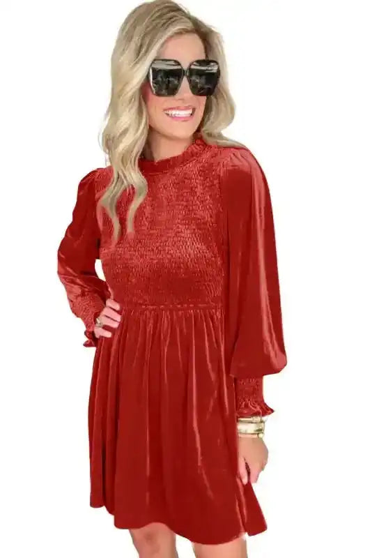 Frilled Neck Smocked Bodice Velvet Mini Dress Women UK | Rose Red