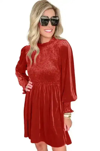 Frilled Neck Smocked Bodice Velvet Mini Dress Women UK | Rose Red