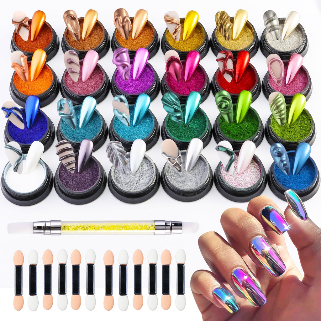 FSpronail 24 Colors Chrome Nail Powder Kit – Mirror Finish, Silicone Nail Brush Included