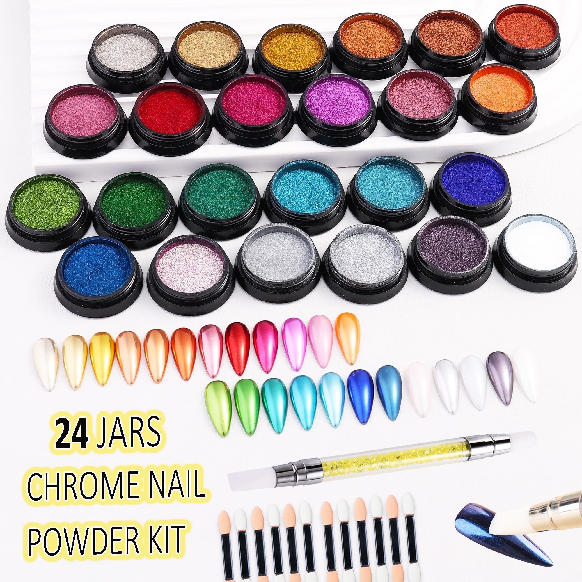 FSpronail 24 Colors Chrome Nail Powder Kit – Mirror Finish, Silicone Nail Brush Included