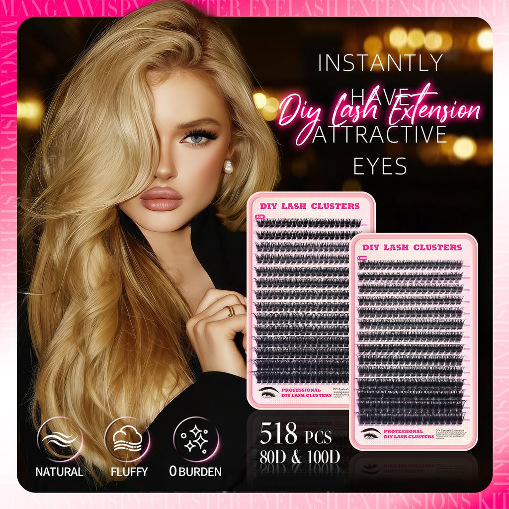 FTBZCF Lash Clusters Kit — 518pcs, 80D & 100D Natural Fluffy D Curl, 10–18mm, DIY Manga Wispy