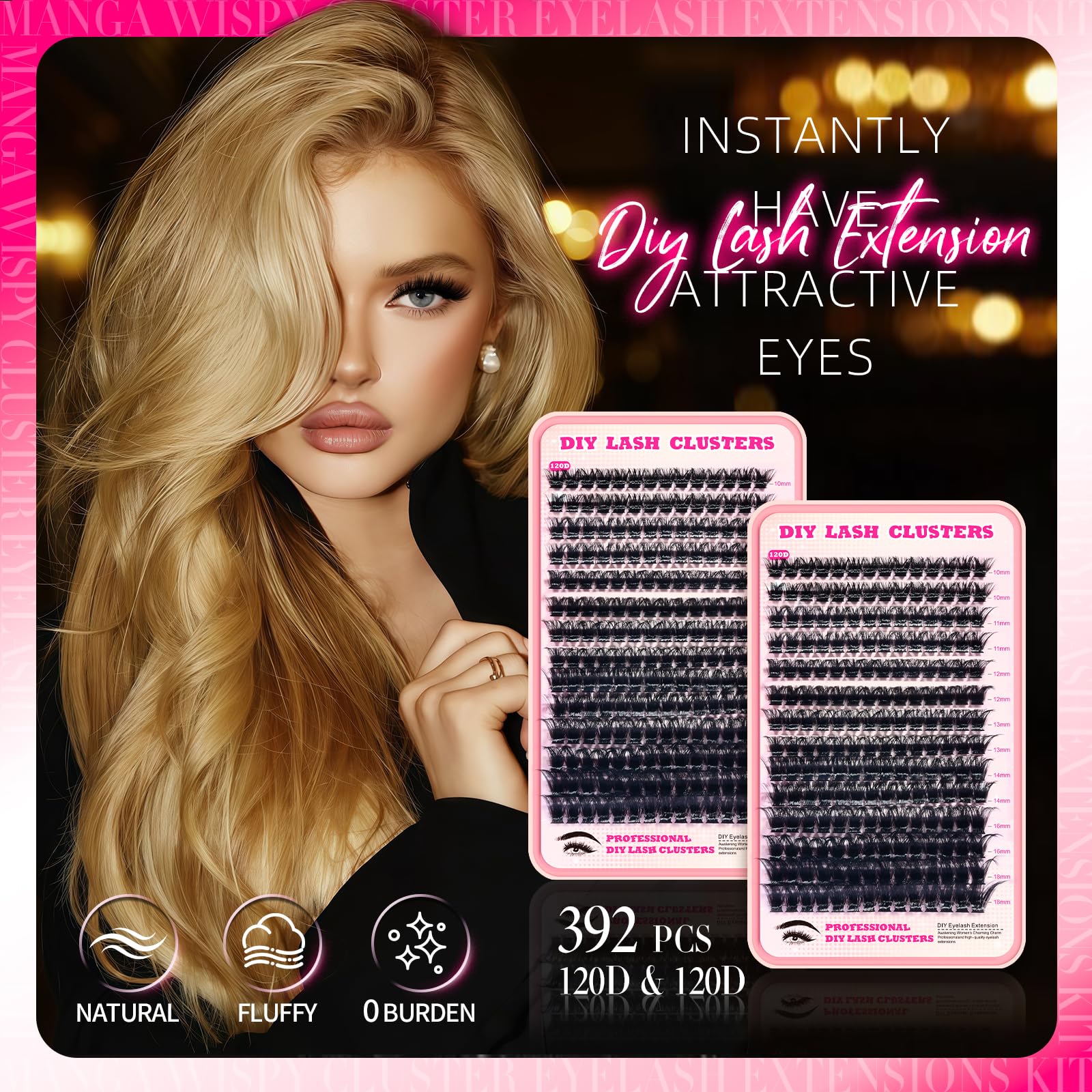 FTBZCF Lash Clusters – 392pcs 120D Natural Fluffy D Curl DIY Eyelash Extensions Kit (10–18mm)
