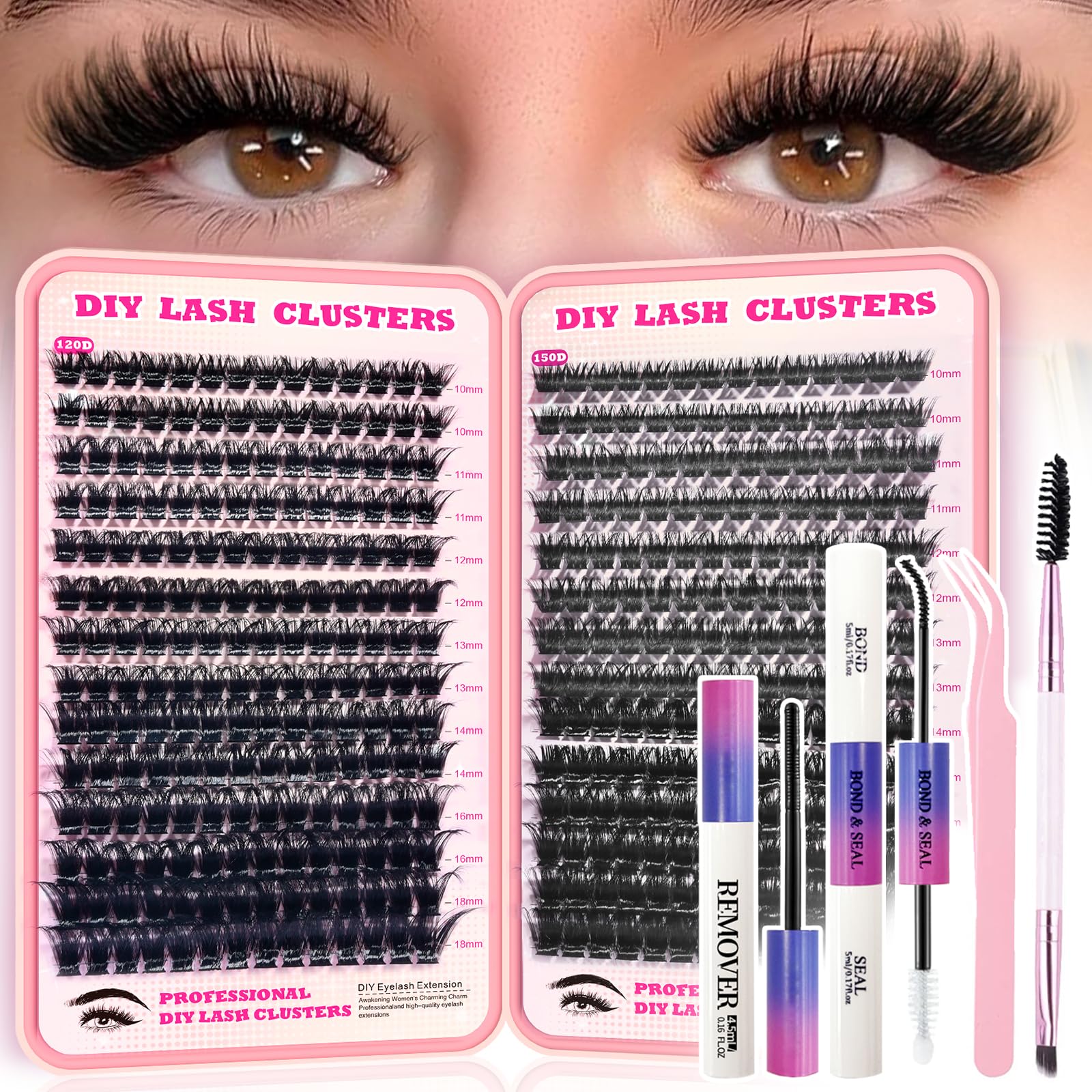 FTBZCF Lash Clusters Kit – 392pcs DIY Lashes 120D/150D, 10-18mm, Bond Seal, Tweezers & Remover