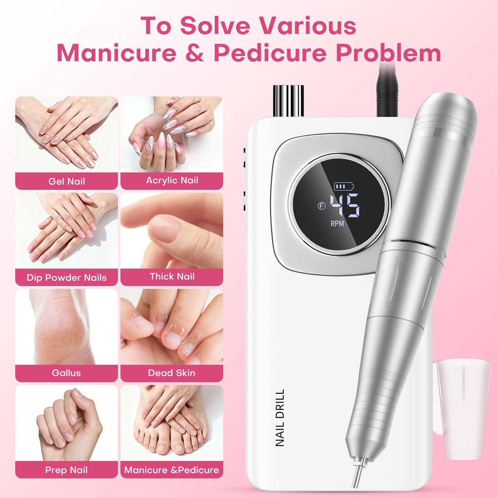 FTOYIN Electric Nail Drill Professional – Rechargeable Nail File, 45000 RPM, 7 Heads, HD LCD, Portable