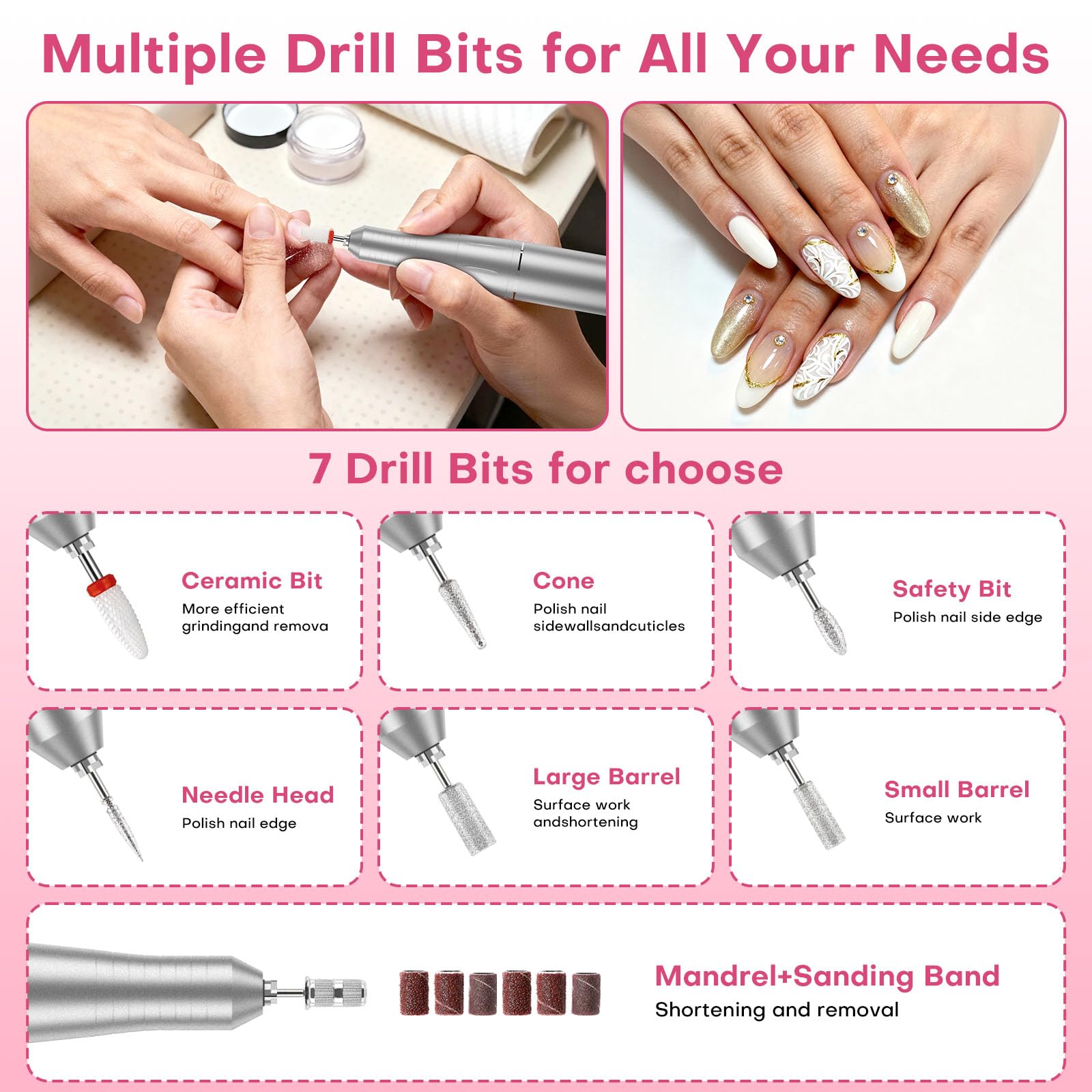 FTOYIN Electric Nail Drill Professional – Rechargeable Nail File, 45000 RPM, 7 Heads, HD LCD, Portable