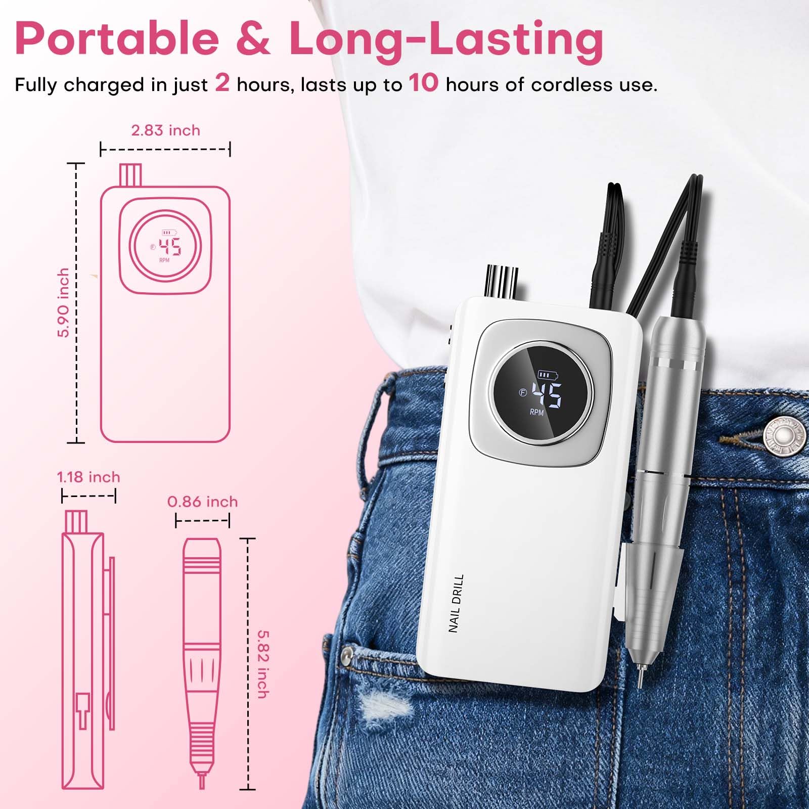 FTOYIN Electric Nail Drill Professional – Rechargeable Nail File, 45000 RPM, 7 Heads, HD LCD, Portable