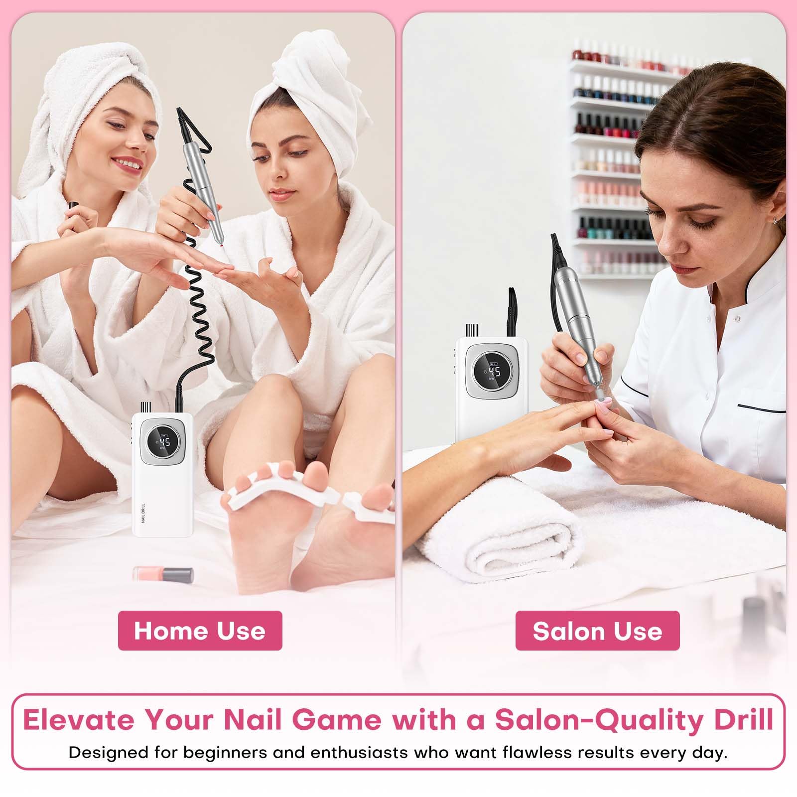 FTOYIN Electric Nail Drill Professional – Rechargeable Nail File, 45000 RPM, 7 Heads, HD LCD, Portable