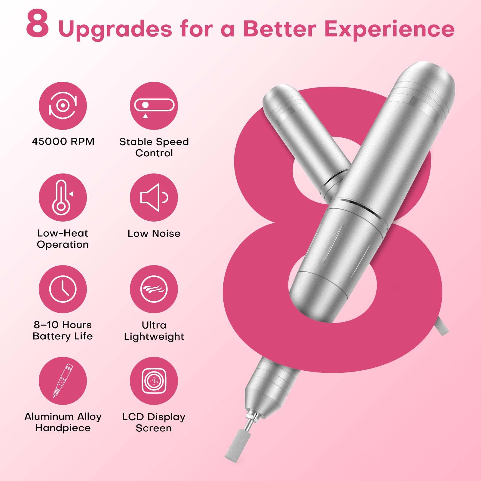 FTOYIN Electric Nail Drill Professional – Rechargeable Nail File, 45000 RPM, 7 Heads, HD LCD, Portable
