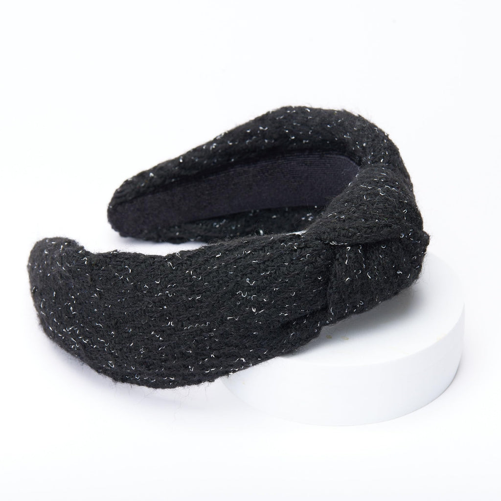 FunCosta Knotted Headband for Women – Wide, Hand-Sewn, Black with Snow