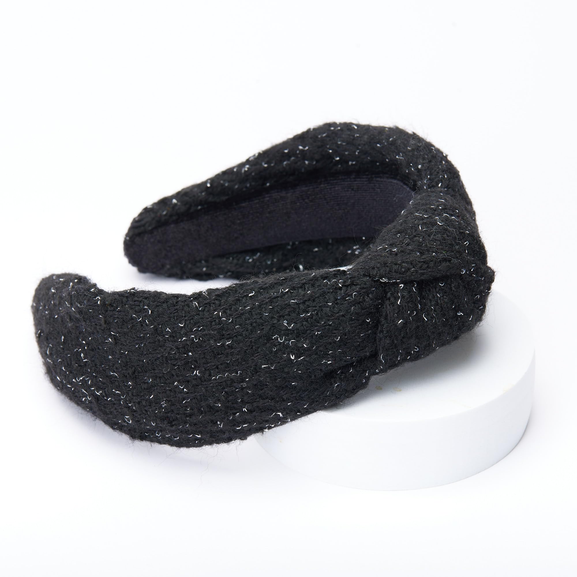 FunCosta Knotted Headband for Women – Wide, Hand-Sewn, Black with Snow