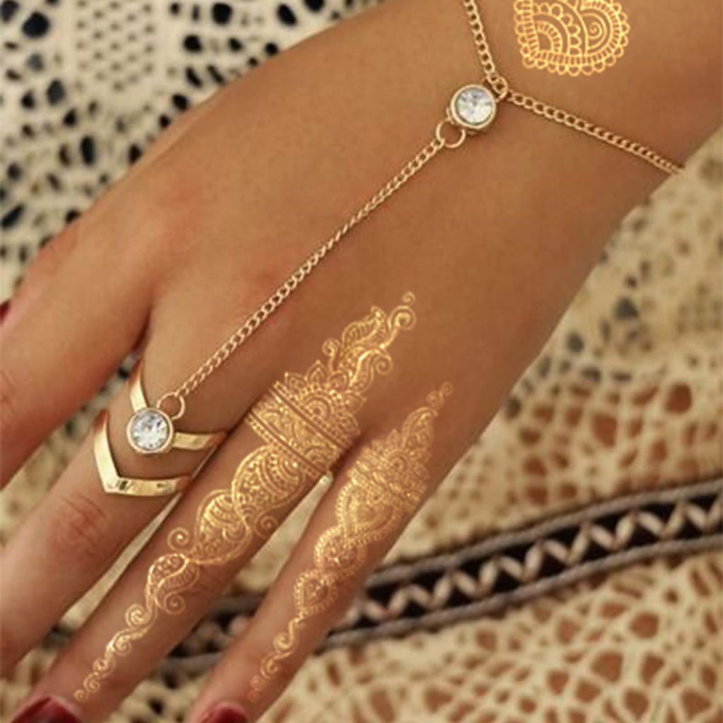 FUNTATTOO 10-Sheet Gold Henna Tattoo Kit – Gold Temporary Tattoos for Arms & Hands