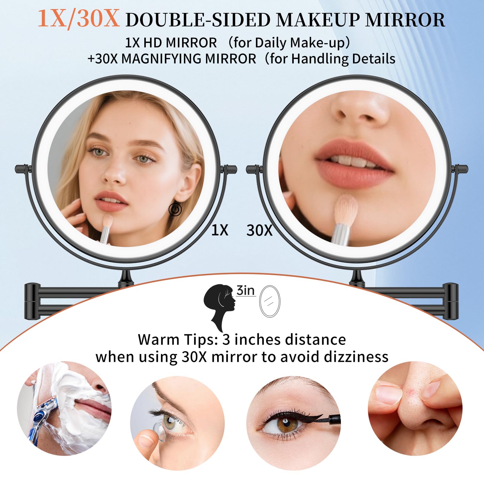 FUNTOUCH 9-Inch 30X/1X Wall Mounted Lighted Makeup Mirror – 5000mAh, 3-Color Lights, Dimmable