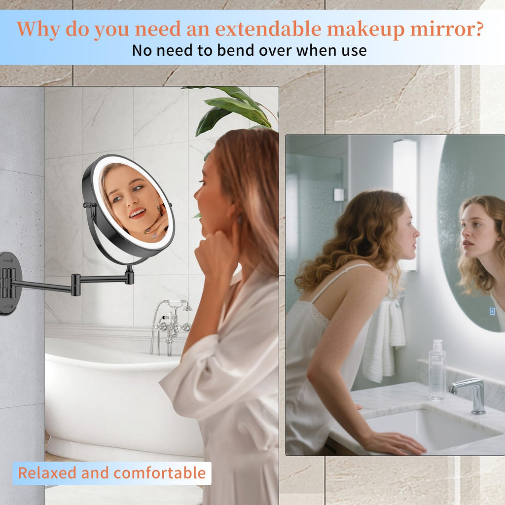 FUNTOUCH 9-Inch 30X/1X Wall Mounted Lighted Makeup Mirror – 5000mAh, 3-Color Lights, Dimmable